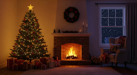 Cozy living room scene featuring a decorated Christmas tree with gifts, a warm fireplace, and a window showing a snowy night.