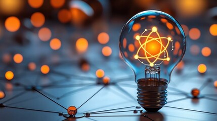 Glowing light bulb with an atomic structure inside surrounded by interconnected glowing orange spheres representing energy and connectivity