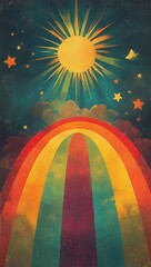 Fototapeta premium Retro style illustration of a bright yellow sun with sunrays shining over colorful rainbow arches against a dark starry sky with orange and yellow stars and clouds