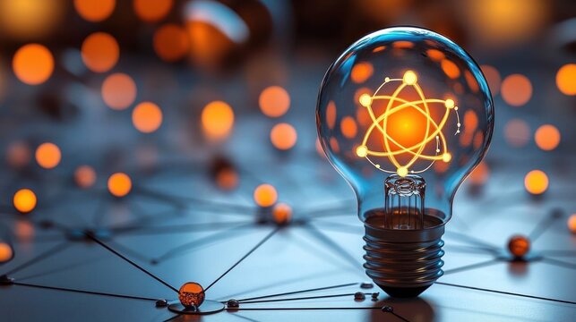 Glowing light bulb with an atomic structure inside surrounded by interconnected glowing orange spheres representing energy and connectivity - Powered by Adobe