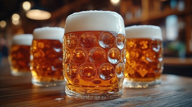 Four clear glass mugs filled with frothy amber beer on a wooden surface in a warm, cozy setting