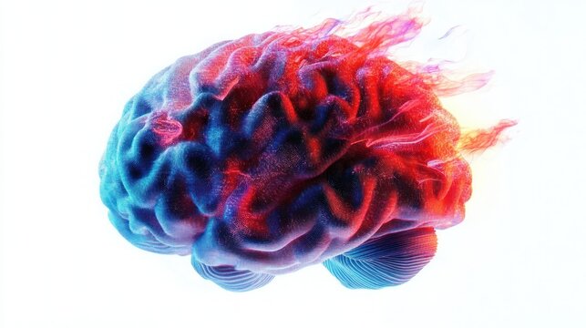 Colorful human brain illustration with red and blue glowing flames symbolizing intense mental activity and dynamic thought processes - Powered by Adobe