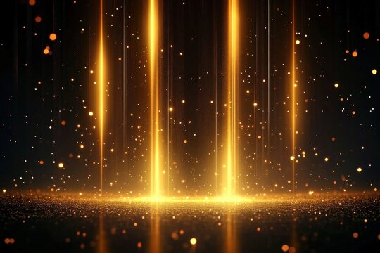 Golden beams of light shining down with sparkling particles creating a magical and ethereal glow on a dark background