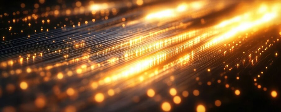 Close-up of glowing golden light trails and scattered bright dots on a dark background conveying motion and energy