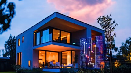 Fototapeta premium Smart Home Sunset with Modern Design.
