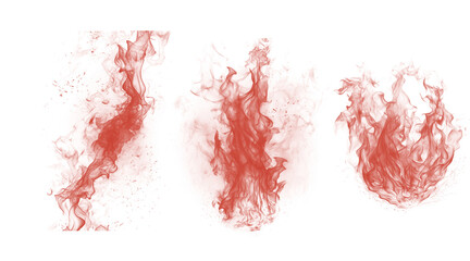 Three distinct red abstract fiery shapes with rough, irregular edges, presented against a black backdrop, evoking energy and chaos.