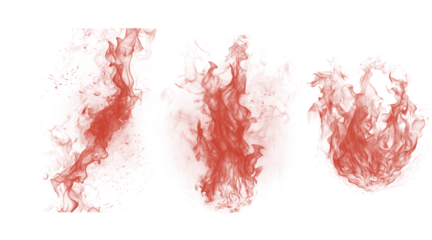 Three distinct red abstract fiery shapes with rough, irregular edges, presented against a black backdrop, evoking energy and chaos.