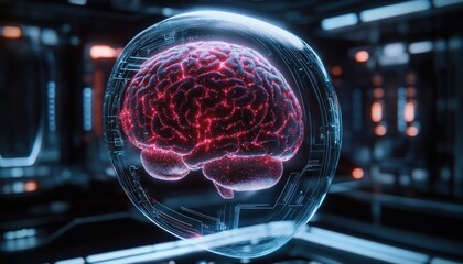Glowing red digital brain encased in a translucent spherical hologram, floating in a futuristic high-tech environment with blue and orange illuminations