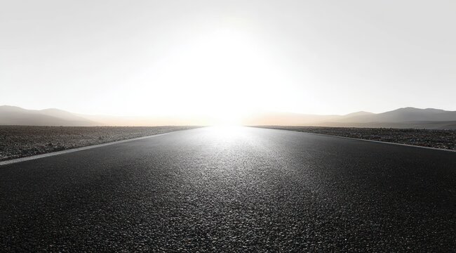 Empty asphalt road stretching toward the horizon with bright sunlight and distant mountains under a clear sky