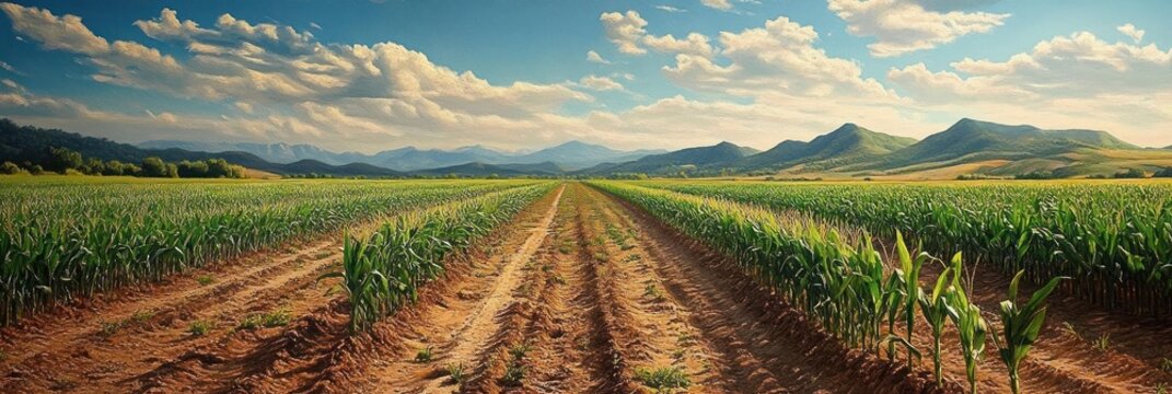 Expansive green cornfield with rows of crops under a bright blue sky dotted with fluffy clouds and distant mountains on the horizon