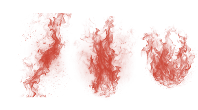 Three distinct red abstract fiery shapes with rough, irregular edges, presented against a black backdrop, evoking energy and chaos.