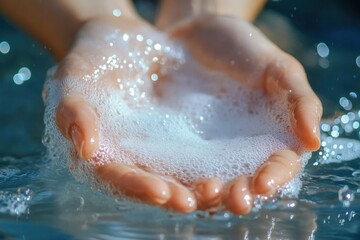Fototapeta premium Close-up of cupped hands holding soapy water with bubbles reflecting light and water splashing around