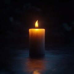 Single lit candle glowing softly in a dark room with warm light and gentle wax drips on the side, casting a faint reflection on the surface below