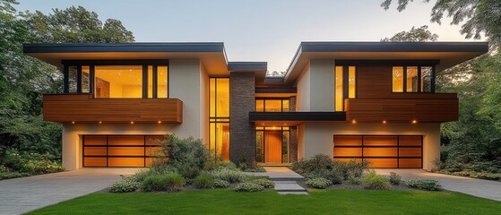 Modern two-story house with large windows, warm interior lighting, two wooden garage doors, surrounded by lush green trees and landscaped garden at dusk