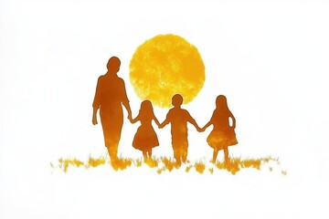 Silhouettes of an adult and three children holding hands walking through grass with a large sun in the background evoking warmth and togetherness