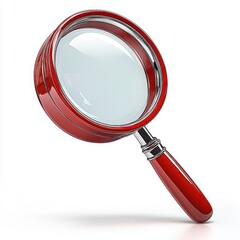 Close-up of a red magnifying glass with silver accents isolated on a white background, highlighting the clear glass lens and shiny handle