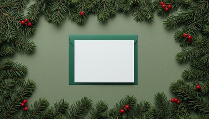 Elegant Christmas flat lay featuring a blank invitation card and envelope, framed by festive evergreen fir boughs and vibrant red berries on a green background