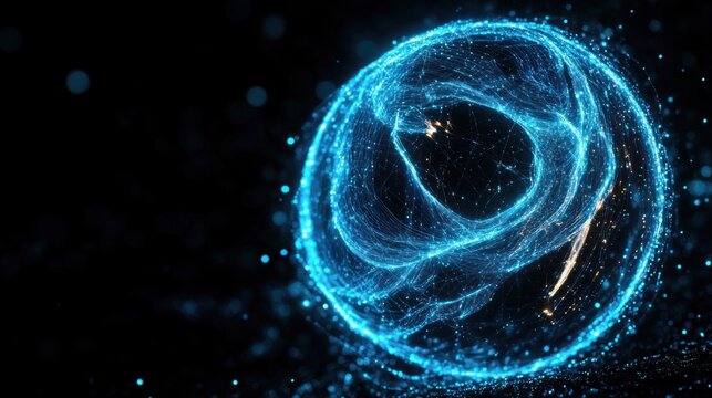 Glowing intricate spherical shape made of interconnected blue light threads with dynamic swirling patterns on a dark background