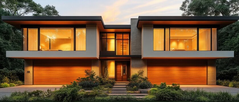 Modern two-story house with large windows and warm interior lighting surrounded by trees and landscaped greenery at dusk