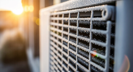 Snow on air conditioning unit at sunrise symbolizing frozen mornings