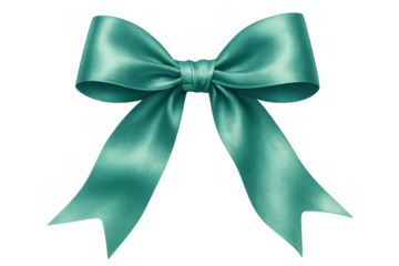 Teal gift bow made from satin ribbon, decorative element for presents and invitations, transparent background