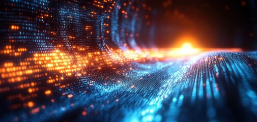 Abstract digital landscape with flowing blue and orange binary code patterns creating a sense of futuristic data movement and glowing horizon