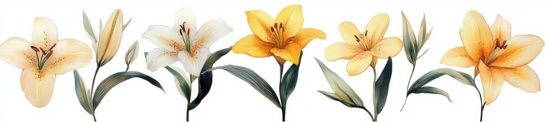 Collection of six delicate lilies with shades of cream, white, and orange, each with green leaves and graceful petals against a white background