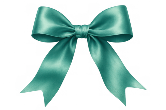 Teal gift bow made from satin ribbon, decorative element for presents and invitations, transparent background