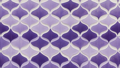 Fototapeta premium Symmetrical repeating pattern of curved tile shapes in varying shades of purple and white creating a textured, geometric wall design