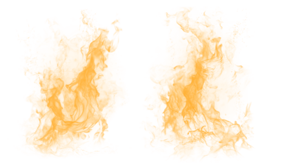 Two abstract fiery orange grunge paint splatters with yellow highlights on a black background, textured artistic brush strokes, dynamic and energetic design elements