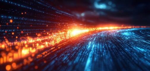 Curved digital data stream with glowing orange and blue lights representing flowing technology and information in a futuristic environment under dark cloudy sky