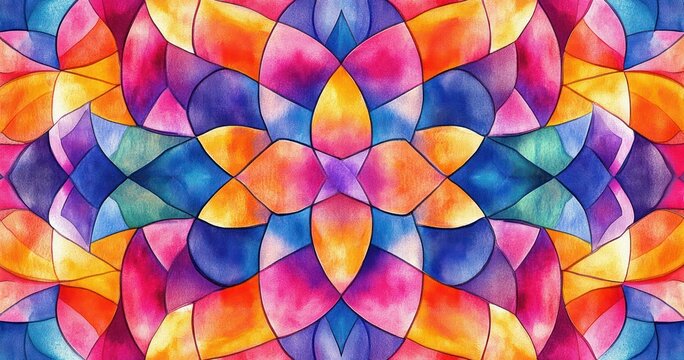 Colorful abstract symmetrical pattern with petal-like shapes in vibrant shades of pink, orange, blue, purple, and yellow creating a harmonious kaleidoscope effect
