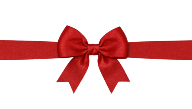 Elegant red satin gift bow with a horizontal ribbon tied in a perfect knot, isolated on a clean white background for holiday or celebration design