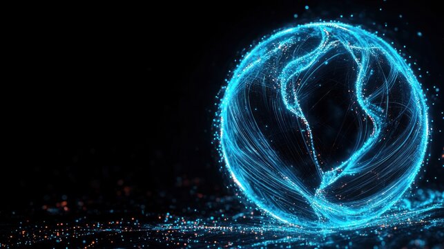 Glowing blue digital globe composed of swirling light trails and particles in a dark space, evoking a futuristic and technological atmosphere