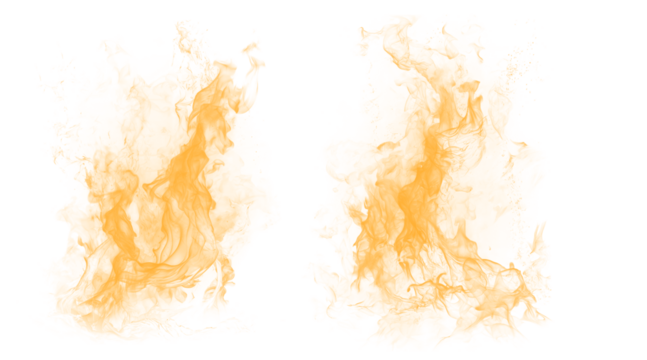 Two abstract fiery orange grunge paint splatters with yellow highlights on a black background, textured artistic brush strokes, dynamic and energetic design elements - Powered by Adobe