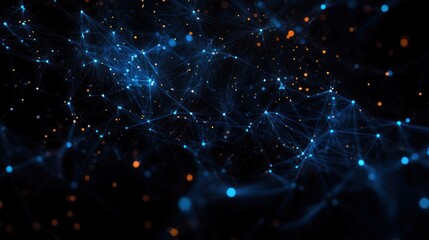 Fototapeta premium Abstract network of interconnected blue glowing nodes and lines with scattered orange light particles on a dark background, evoking a sense of complexity and digital connectivity