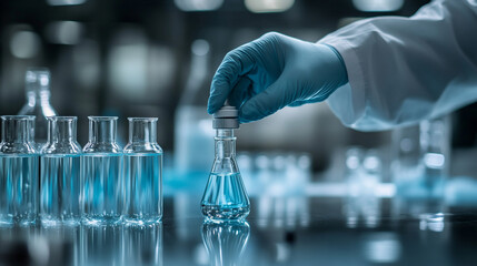 scientist’s hand holding and observing a small sample, highlighting the precision, care, and analytical focus in scientific research. The scene conveys laboratory professionalism, curiosity, and metic