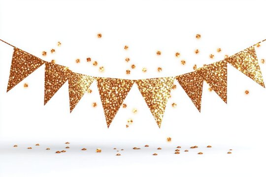 Shimmering gold glitter triangle pennant banners with scattered golden confetti on white background creating a festive and celebratory atmosphere