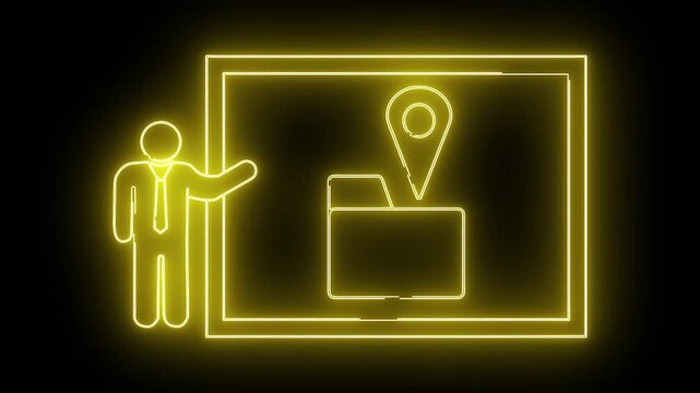 A neon yellow presentation shows a folder with a location pin beside a presenter figure