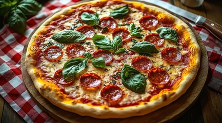 Close-up of a freshly baked pepperoni pizza topped with melted cheese and fresh basil leaves on a wooden board with a red and white checkered tablecloth