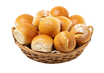 A basket of freshly baked bread rolls in a wicker basket.