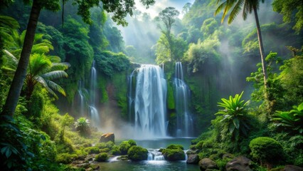 Serene Waterfall Cascading Through Lush Tropical Foliage Bathed in Sunlight