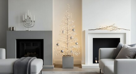 Elegant living room showcasing modern fireplace and unique silver Christmas tree for a stylish holiday season