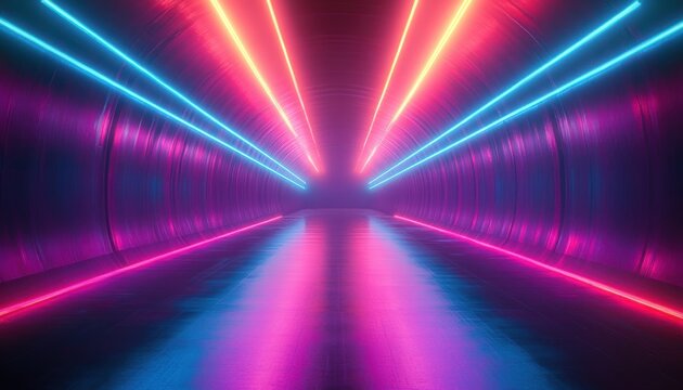Futuristic corridor with glowing neon lights in pink, purple, blue, and red creating a vibrant and surreal atmosphere with reflective floor and tunnel walls - Powered by Adobe