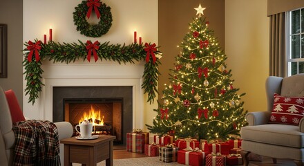 Warm festive living room with decorated Christmas tree, fireplace, and gifts for cozy holiday advertising