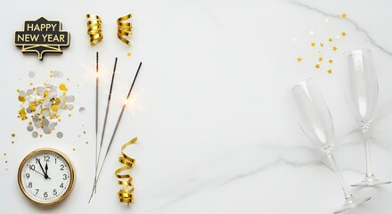 Celebrate New Year's Eve with champagne, sparklers, and confetti for a festive and joyous occasion