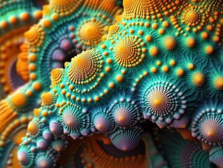 Close-up of colorful, detailed abstract fractal texture with spherical, circular patterns in vibrant orange, teal, and purple hues creating a dynamic, organic visual effect