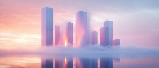 Tall modern skyscrapers emerging through a low layer of mist over calm water at sunrise with soft pink and orange hues creating a serene and ethereal atmosphere