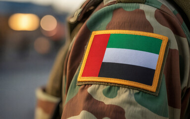 United Arab Emirates flag patch on military camouflage uniform sleeve honoring national service and patriotism concept