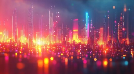 Futuristic city skyline illuminated by vibrant neon lights in shades of pink, orange, and blue, reflecting a lively and dynamic urban nightscape